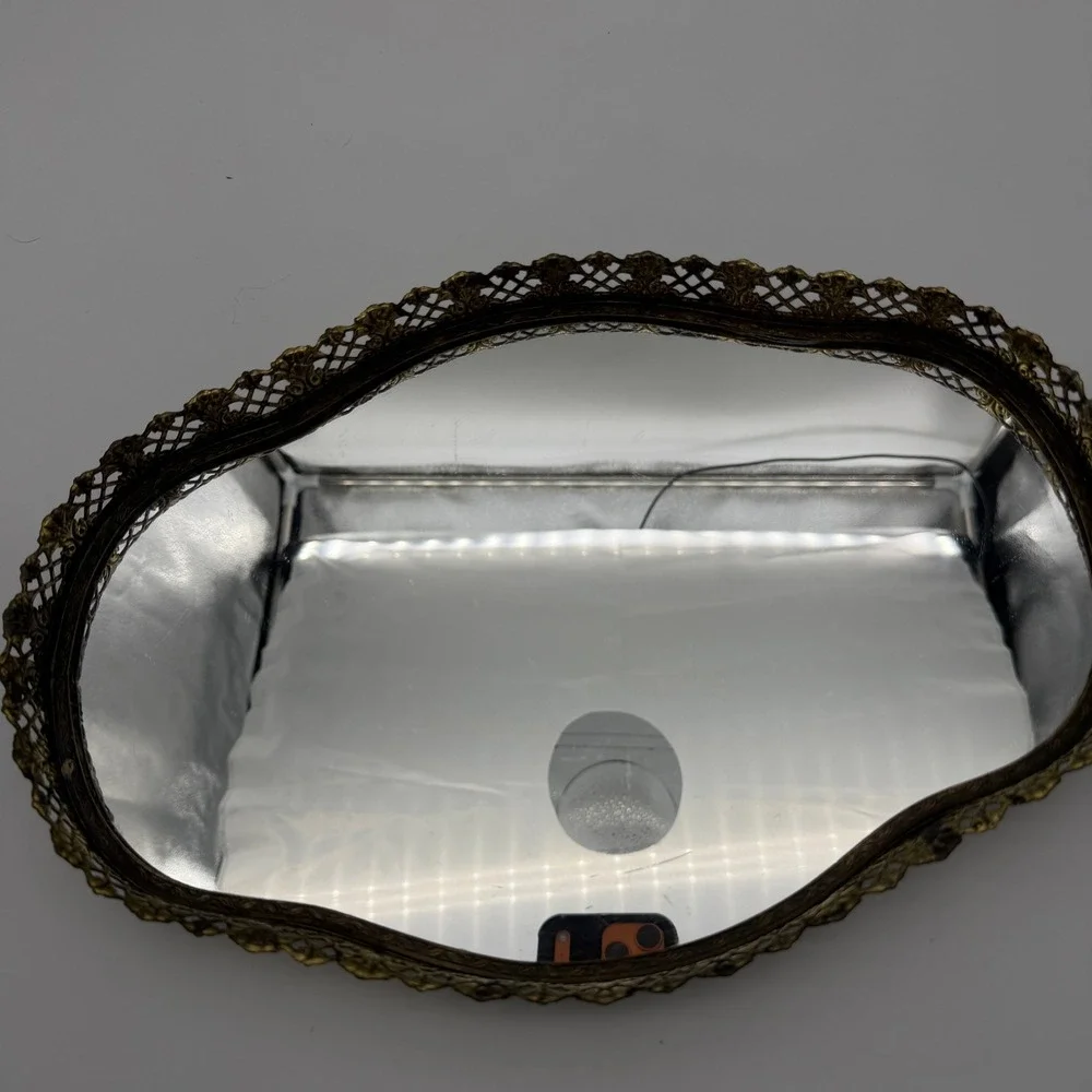 Vintage Ornate Gold Filigree Mirror Vanity Tray Kidney Shaped Hollywood Regency